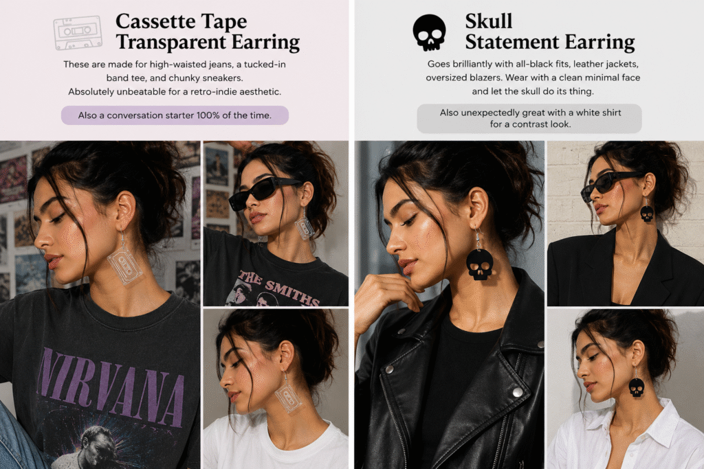 how to pair skull earrings and Cassette Tape Transparent Earring